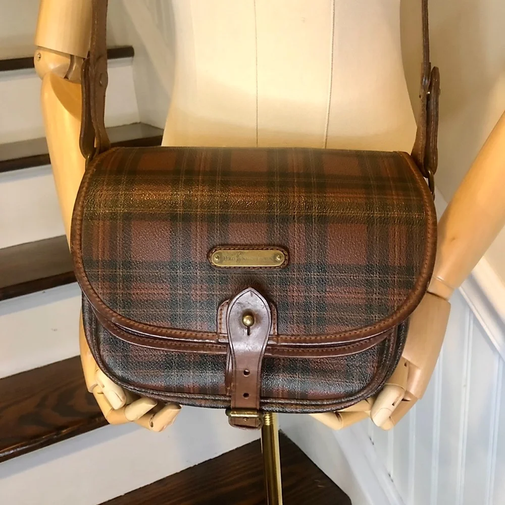 RALPH LAUREN Brown Tartan Plaid Multi Pocket Crossbody Messenger Saddle Bag